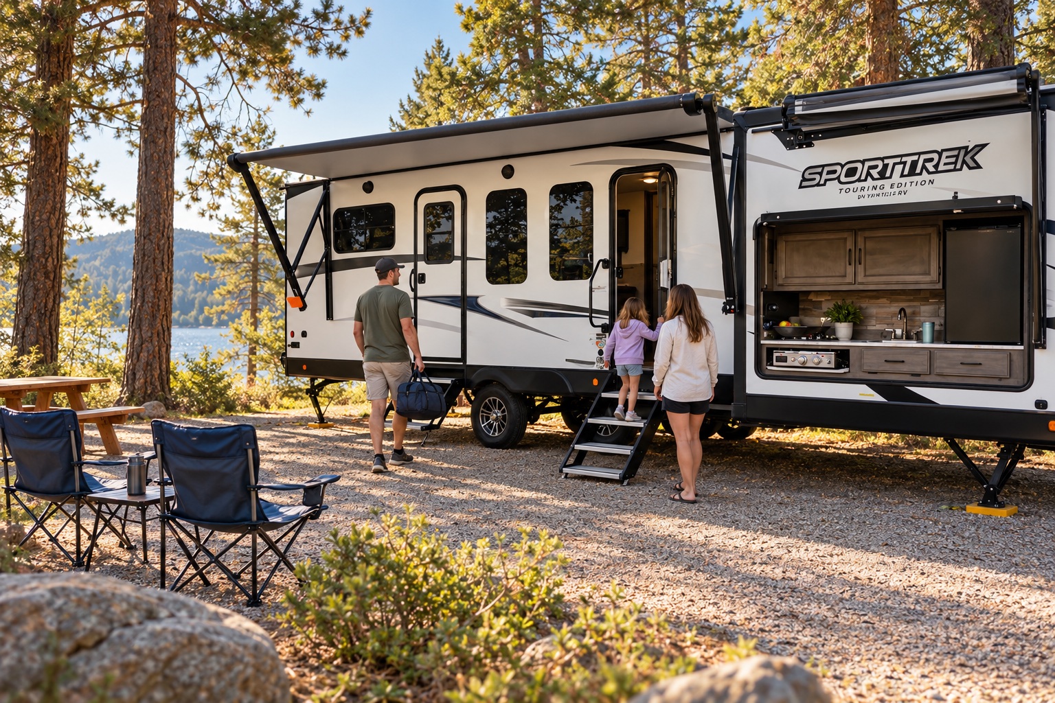 Illustrative scene of a family arriving at a SportTrek travel trailer at a lakeside campground